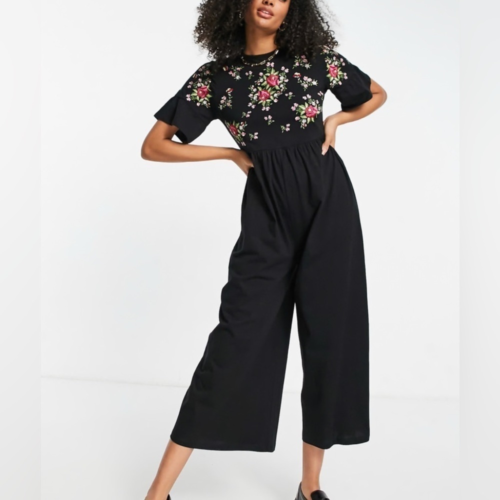 ASOS frill sleeve embroidered black jumpsuit, size 6